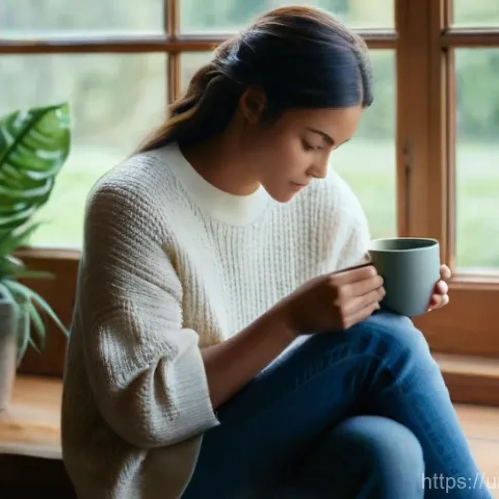 마인드풀테크의 기술적 요소 - **Digital Detox in a Serene Setting:**
"A peaceful scene featuring a woman in her late 20s with ...