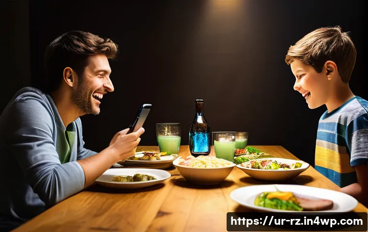 마인드풀테크와 조직적 변화 - **Digital Distraction vs. Real Connection**
    A vibrant, realistic indoor scene depicting a family...