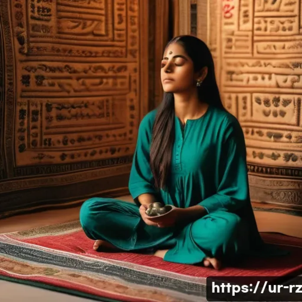 마인드풀테크의 효과 검증 연구 - A serene scene of a young South Asian woman in modest comfortable clothing sitting cross-legged on a...