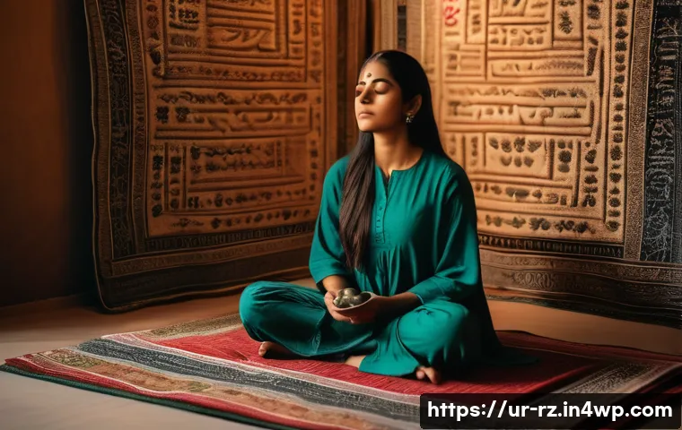 마인드풀테크의 효과 검증 연구 - A serene scene of a young South Asian woman in modest comfortable clothing sitting cross-legged on a...
