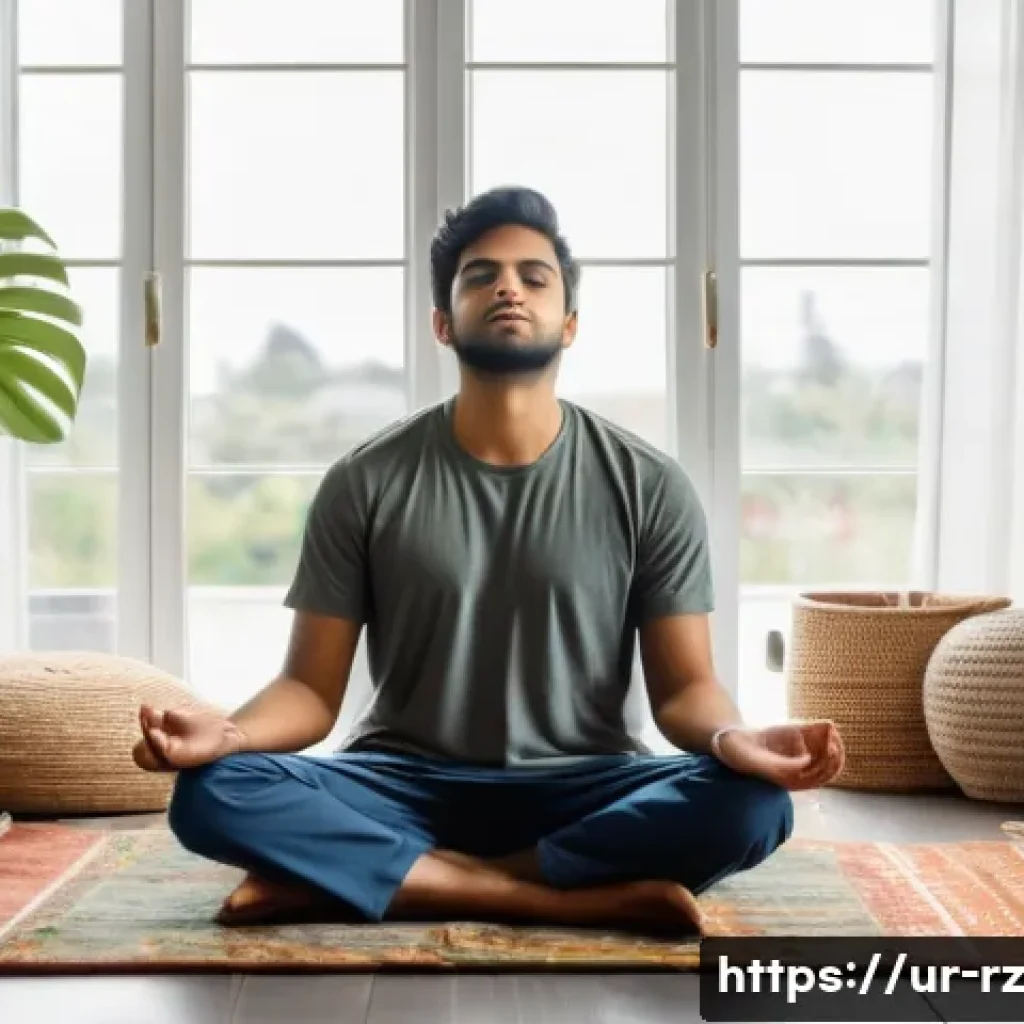 마인드풀테크와 뇌 과학 - A peaceful indoor scene featuring a young South Asian man sitting cross-legged on a soft cushion in ...