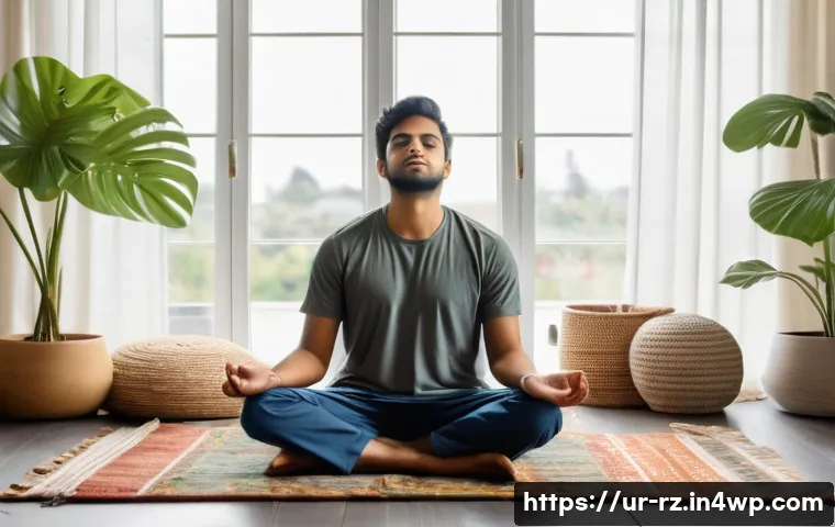 마인드풀테크와 뇌 과학 - A peaceful indoor scene featuring a young South Asian man sitting cross-legged on a soft cushion in ...