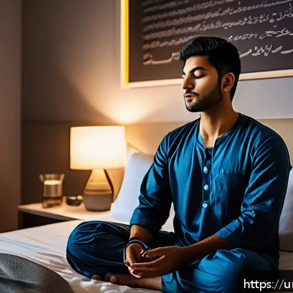 마인드풀테크의 혁신적 접근법 - A serene modern bedroom scene at night featuring a young South Asian adult male wearing comfortable ...