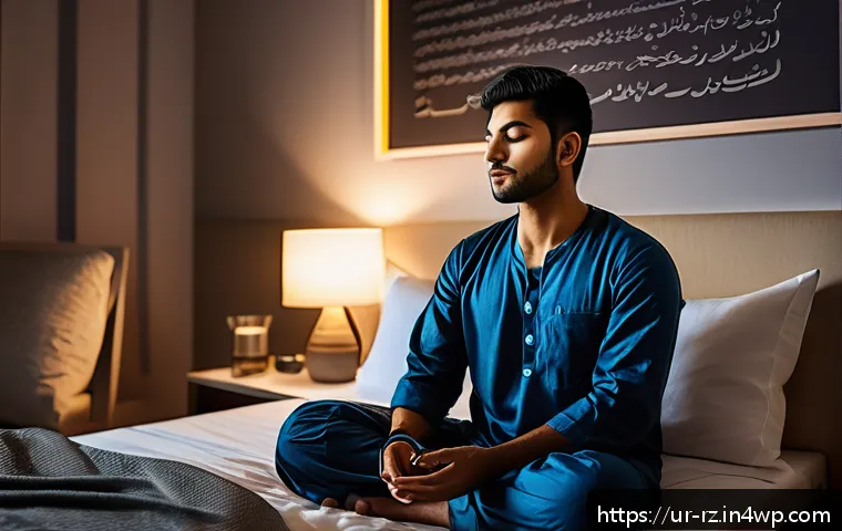 마인드풀테크의 혁신적 접근법 - A serene modern bedroom scene at night featuring a young South Asian adult male wearing comfortable ...