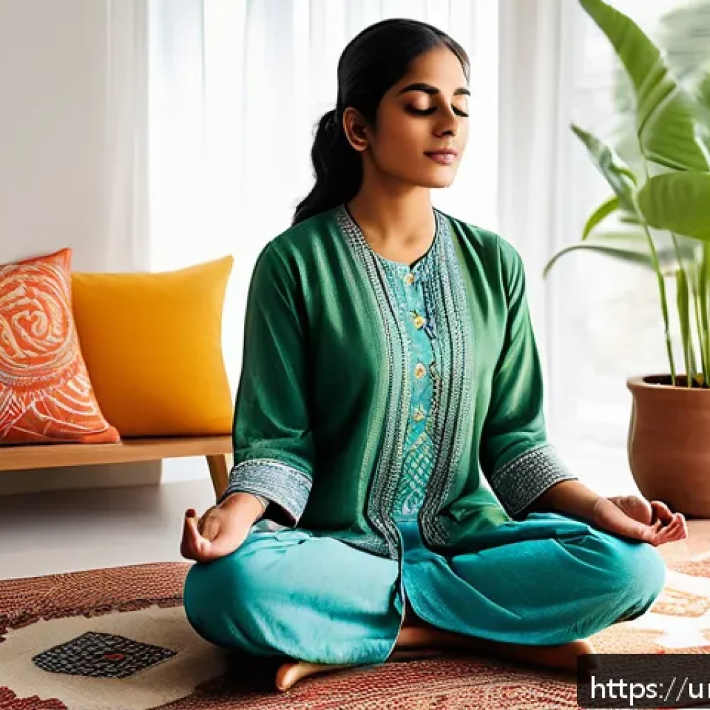 마인드풀테크와 긍정 심리학 - A serene indoor scene of a young South Asian woman practicing mindful breathing exercises in a sunli...