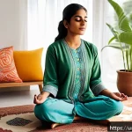 Home 21 마인드풀테크와 긍정 심리학 - A serene indoor scene of a young South Asian woman practicing mindful breathing exercises in a sunli...