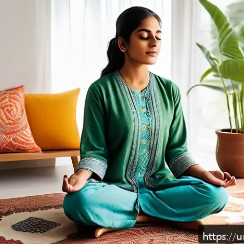 Home 33 마인드풀테크와 긍정 심리학 - A serene indoor scene of a young South Asian woman practicing mindful breathing exercises in a sunli...