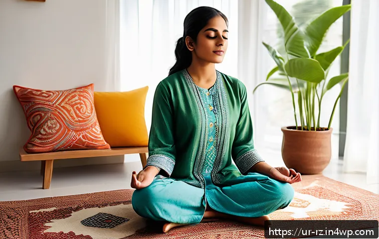 마인드풀테크와 긍정 심리학 - A serene indoor scene of a young South Asian woman practicing mindful breathing exercises in a sunli...