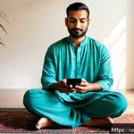 Home 20 마인드풀테크 개발을 위한 연구 - A serene scene of a South Asian man in his mid-30s sitting cross-legged on a traditional patterned r...