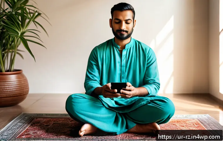 마인드풀테크 개발을 위한 연구 - A serene scene of a South Asian man in his mid-30s sitting cross-legged on a traditional patterned r...