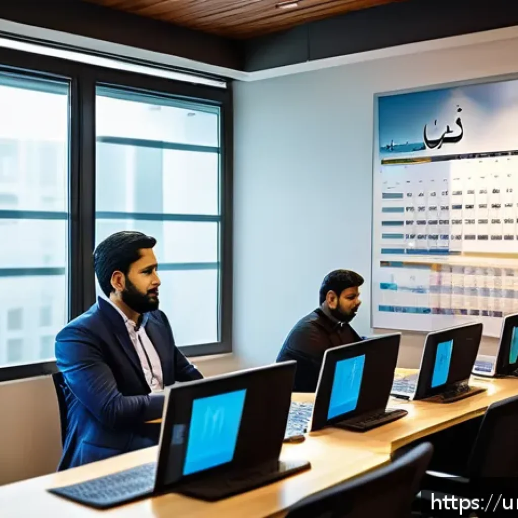 마인드풀테크의 경제적 적용 - A modern small business office in Pakistan, showcasing a diverse team of professionals thoughtfully ...
