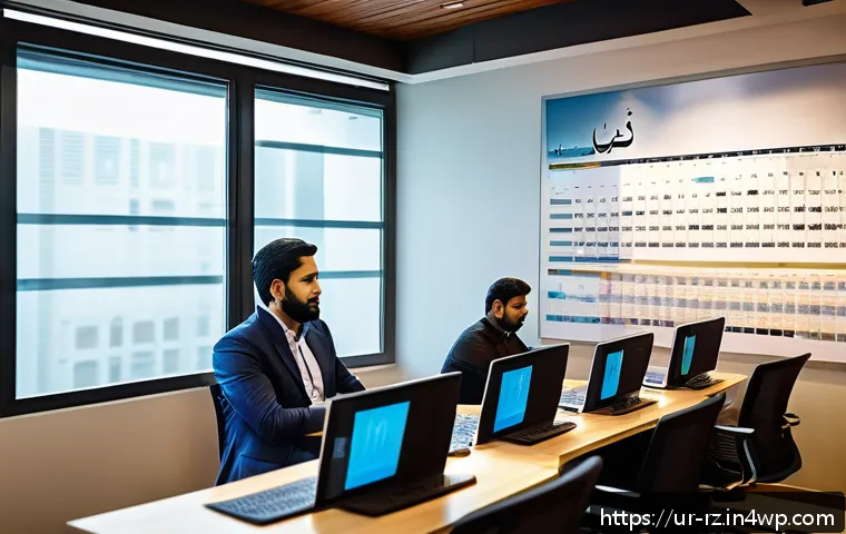 마인드풀테크의 경제적 적용 - A modern small business office in Pakistan, showcasing a diverse team of professionals thoughtfully ...