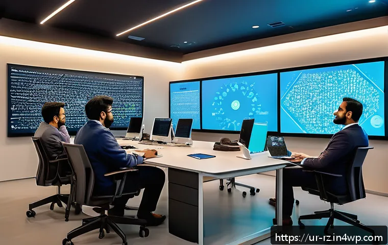 마인드풀테크 개발을 위한 협력 모델 - A vibrant collaborative scene showing diverse experts from fields like data science, psychology, and...