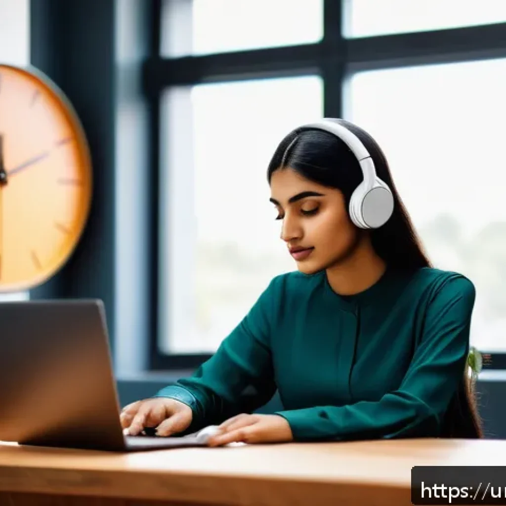 마인드풀테크 적용 사례 연구 - A serene home office scene featuring a young South Asian professional woman practicing mindful techn...