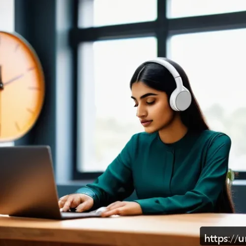 Home 17 마인드풀테크 적용 사례 연구 - A serene home office scene featuring a young South Asian professional woman practicing mindful techn...
