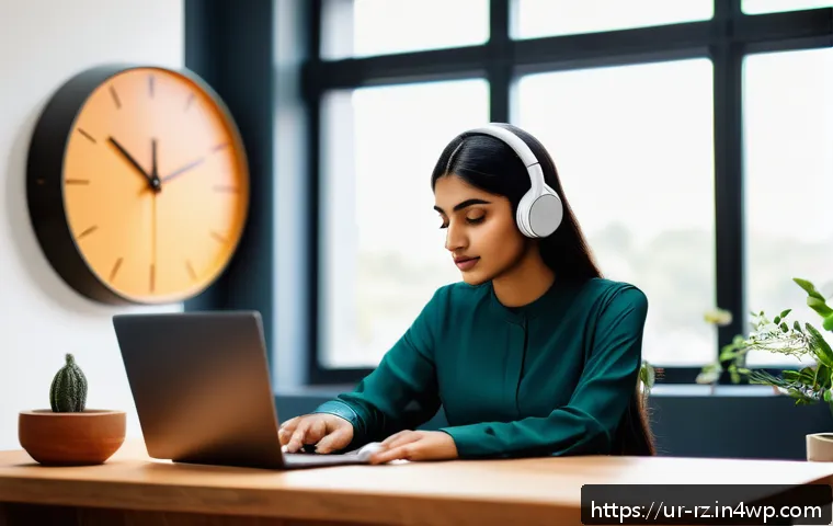 마인드풀테크 적용 사례 연구 - A serene home office scene featuring a young South Asian professional woman practicing mindful techn...